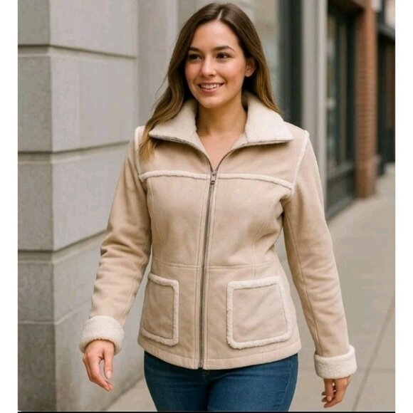 Vtg Womens Boho Western Suede Sherpa Clean Girl Quiet Luxury Sz Small Zip Jacket - Picture 1 of 16